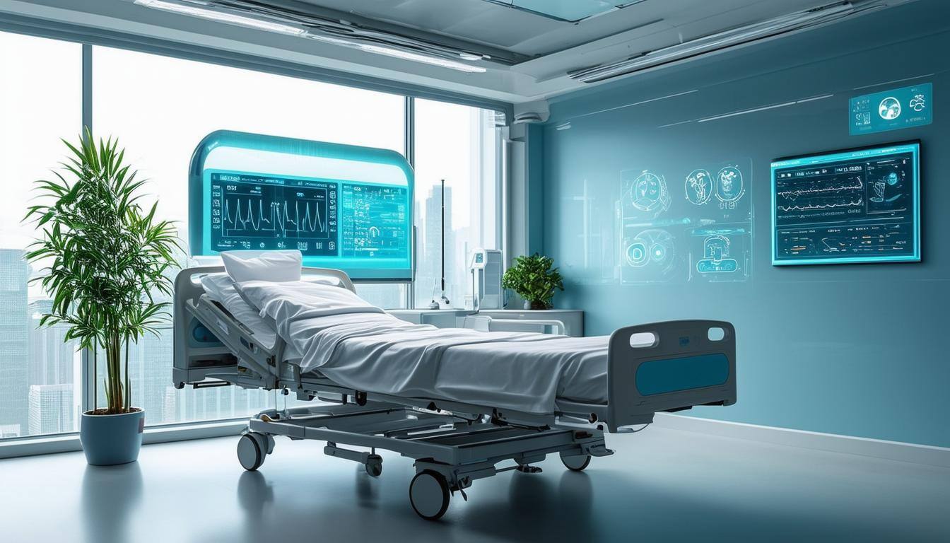 a futuristic hospital room using various AI and high tech tools 