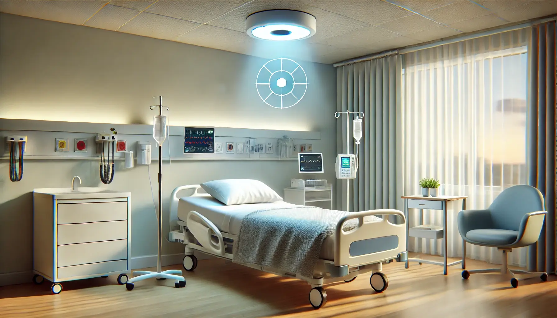 an AI-created image of a hospital room with a sensor above the bed, scanning the room.